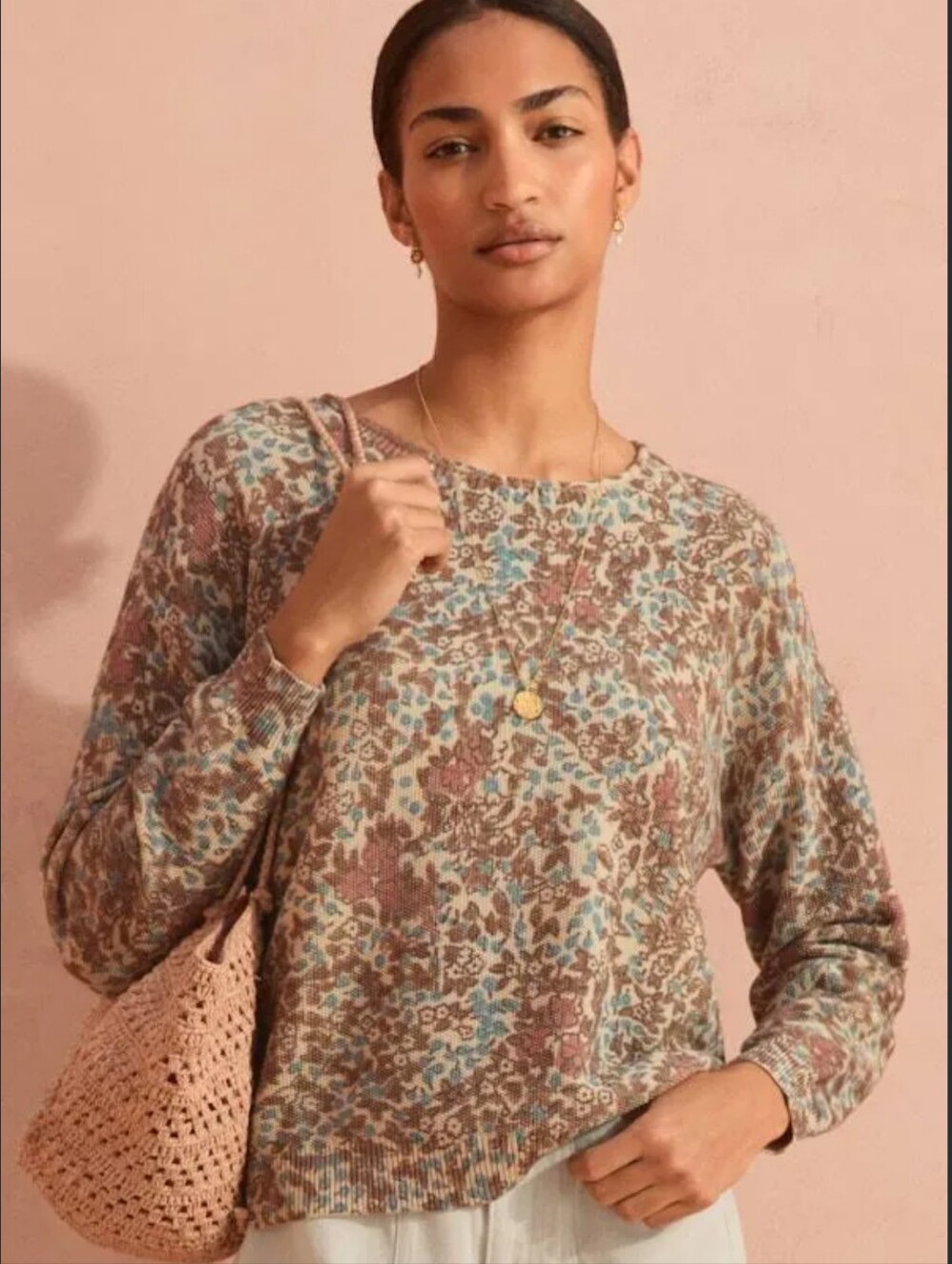 Wrap London Organic Cotton Moss Stitch Sweater Floral Print Sweater Size 14